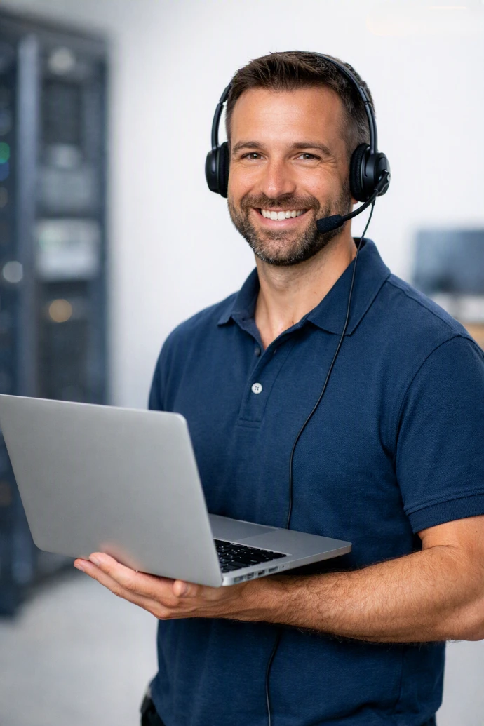 Technicien informatique avec casque et ordinateur, illustrant le support client PRO‑IT et la réponse rapide. Visuel représentant le support client PRO‑IT : assistance professionnelle, réponse en moins de 24h, confidentialité des informations et accompagnement personnalisé pour les besoins informatiques des entreprises. L’image met en avant la disponibilité et l’expertise du service.